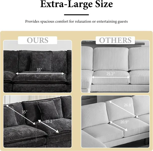 Vista 21 de Sofá seccional modular verde de 111.5", sofás seccionales grandes de 3 plazas para sala de estar, sofá nube oversized de tela chenille con otomana