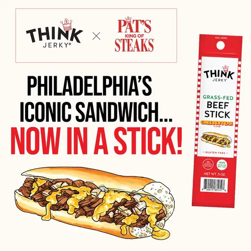 Vista 3 de Think Jerky x Pat's King of Steaks - Palitos oficiales de carne de res con sabor a cheesesteak, edición limitada, bocadillos de carne de res