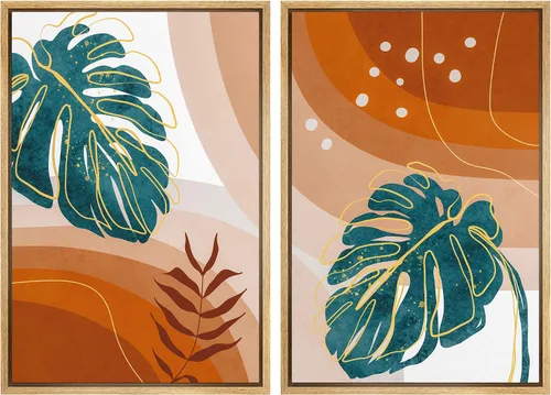 Vista 84 de SIGNFORD Lienzo enmarcado para pared, juego de arte geométrico retro de mediados de siglo, plantas forestales, ilustraciones con formas abstractas