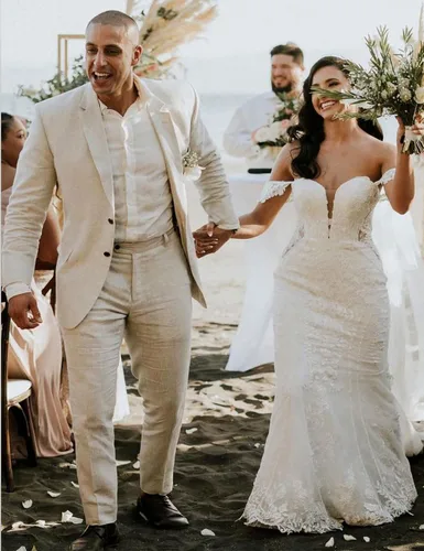 Vista 3 de Trajes casuales de verano para hombre, ajuste regular, 2 piezas, esmoquin, pantalones de lino para playa, boda