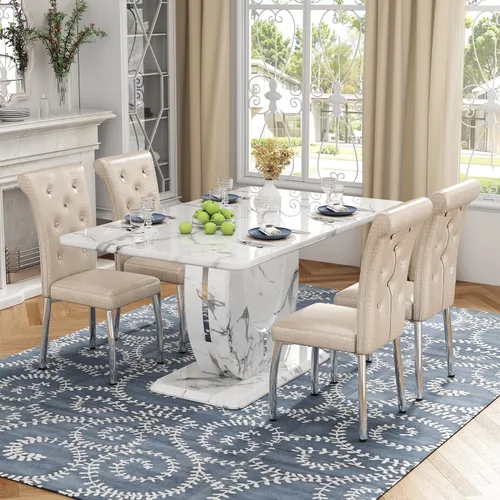 Vista 14 de Moderno juego de mesa de comedor de mármol sintético para 4, mesa de cocina rectangular blanca de 63 pulgadas con elegante base de pedestal
