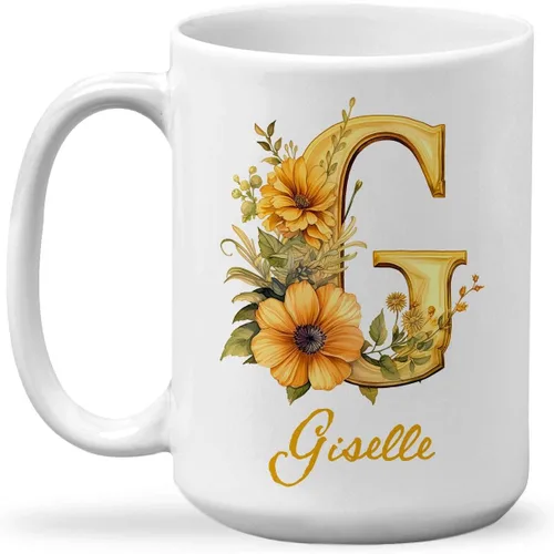 Vista 28 de Taza de cerámica personalizada con letra A del alfabeto, taza de café personalizada con nombre, taza de té inicial con monograma floral