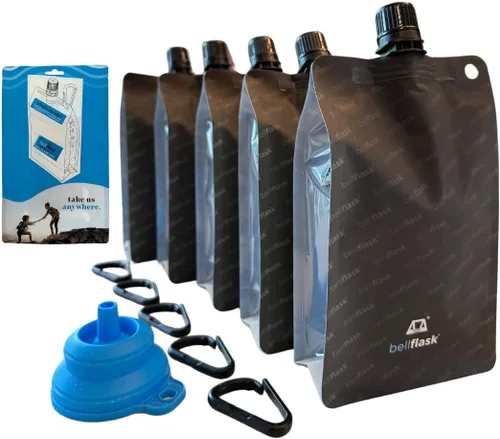 Vista 9 de BellFlask - Frasco de plástico de 15 onzas, patentado, flexible, sin metal, reutilizable, sin BPA con clip de mosquetón y embudo de llenado