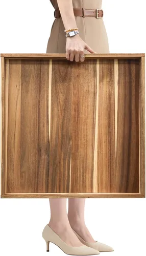 Vista 11 de MAONAME Bandeja otomana extra grande, bandeja de servir de madera de acacia de 22 x 18 pulgadas con asas, bandejas decorativas de madera