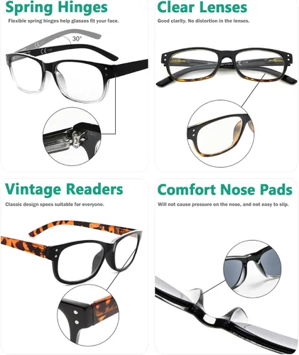 Vista 5 de Eyekepper Gafas de lectura clásicas para hombre, paquete de 5 con bisagras de resorte