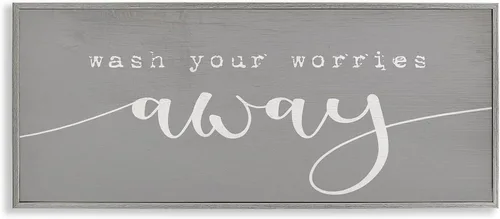 Vista 10 de Stupell Industries Lava tus preocupaciones Frase Relajación en el baño, diseñado por Daphne Polselli - Arte de pared enmarcado en blanco, 10 x 24