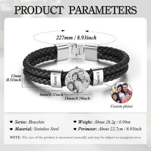 Vista 2 de Pulsera de cuero personalizada para hombre, grabada con nombre, imagen, foto, cuerda trenzada para papá, marido, abuelo, novio