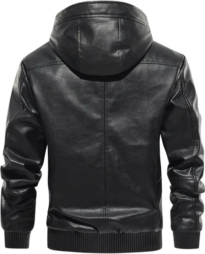Vista 4 de MANSDOUR Chaqueta de cuero sintético para hombre con forro de vellón negro cálido, chaqueta bomber de motocicleta con capucha