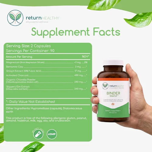 Vista 8 de Binder Blend – Suplemento de toxina aglutinante, cápsulas de desintoxicación para un intestino sano – 180 cápsulas – 90 porciones – 960 mg de carbón
