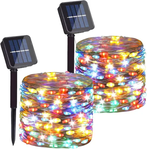 Vista 10 de Paquete de 2 cadenas de luces LED de 200 unidades, 66 pies, con cable de cobre, alimentadas por energía solar, impermeables, 8 modos, luces de hadas