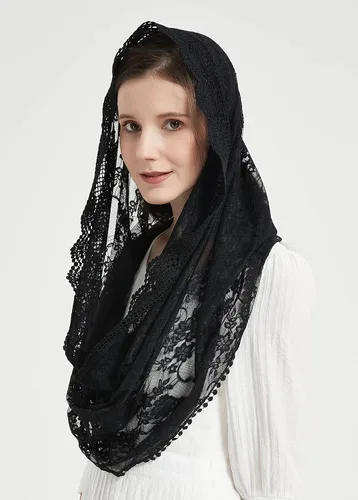 Vista 2 de Encaje Capilla Velo Mantilla Infinity Veil Multicolor Bordado Cherry Blossom Style Latin Mass M7
