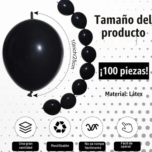 Vista 2 de 100 globos de látex, 10 pulgadas, color negro Enlazable para guirnaldas de arcos rápidos, decoración de boda, cumpleaños, Pascua, no necesita