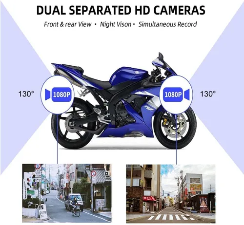 Vista 4 de VSYSTO Cámara WiFi para salpicadero de motocicleta, 2 canales, lente gran angular de 130°, visión nocturna frontal y trasera HD 1080P, sistema DVR