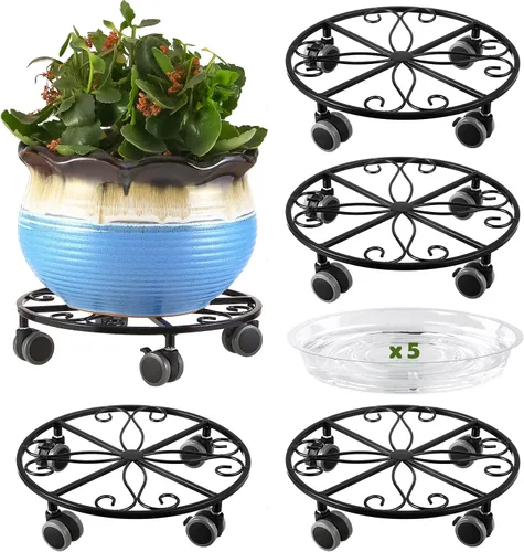 Vista 13 de Pack de 3 organizadores para plantas con ruedas de alta resistencia de 13.5 pulgadas, soporte metálico con ruedas, plataforma rodante para plantas