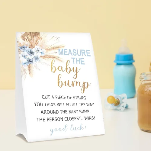 Vista 6 de Letrero de Baby Shower Games Measure the Baby Bump, How Big is Mommy's Belly Party Favors, cartel de pie Kraft de 5 x 7 pulgadas y 50 tarjetas