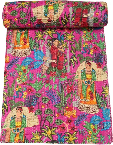 Vista 14 de Marubhumi Colcha de algodón puro Kantha con diseño tradicional indio de Farida (beige, individual (60 x 90 pulgadas)