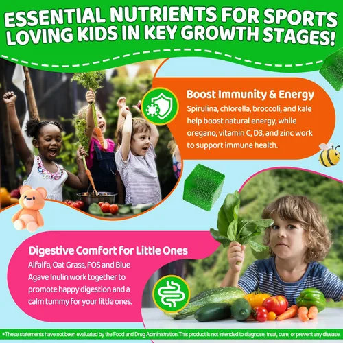 Vista 5 de Multivitaminas para niños + gomitas Super Greens para mayores de 4 años, con espirulina, clorella, espinacas, brócoli, calcio, omega-3 (DHA/EPA)