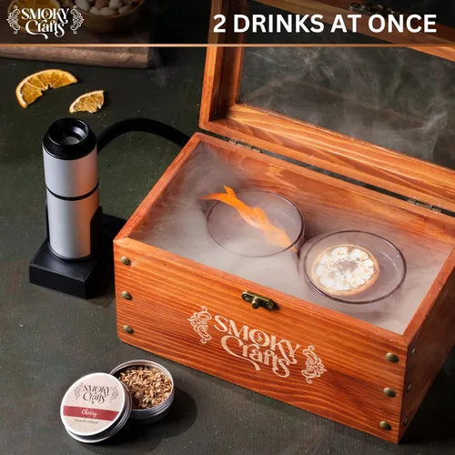 Vista 2 de Kit Ahumador de Cócteles a la Antigua de Smoky Crafts - Kit Ahumador de Whisky con Pistola para Ahumar, Caja de Ahumado para Cócteles, Bandeja