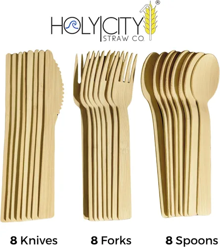 Vista 7 de Juego de cubiertos de bambú surtidos 24 unidades Utensilios compostables de 6.7 pulgadas Vajilla desechable Sin plástico Ideal para uso