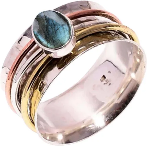 Vista 12 de Anillo giratorio hecho a mano de plata de ley 925 / anillo giratorio martillado / anillo giratorio de 3 tonos/anillo de banda bohemio/anillo
