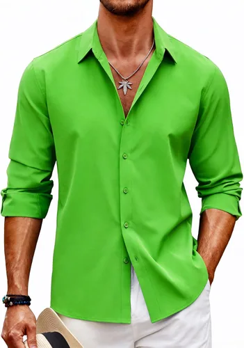 Vista 16 de Barry.Wang Camisas de discoteca de los años 70 para hombre, camisas beige B