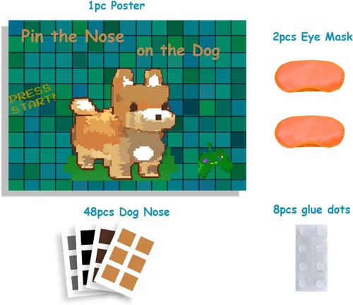 Vista 2 de Pixel Party Favs, Pin the Nose on the Dog Pixel Art Pin the Tail Game. Suministros de fiesta de videojuegos, papel de cobre grande de 5.54 oz