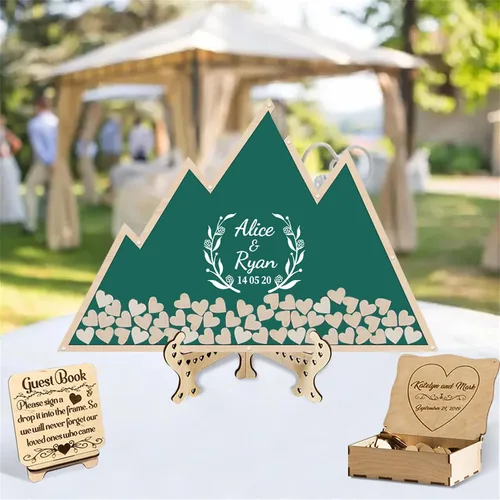 Vista 10 de Libro alternativo de corazón personalizado para libro de invitados con 30 a 100 corazones de madera, caja de madera personalizada para decoración