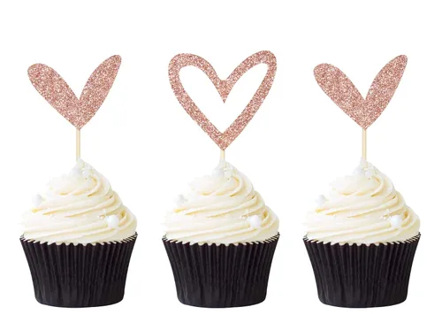 Vista 6 de 24 adornos dorados para cupcakes de corazón con purpurina dorada, diseño lindo para cupcakes para boda, novia, aniversario, baby shower, fiesta