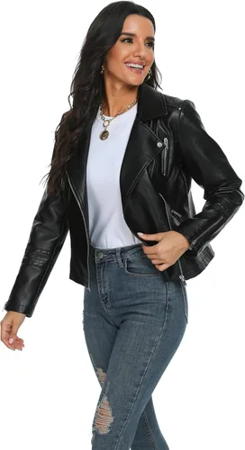 Vista 3 de Fahsyee - Chaqueta de cuero sintético para mujer, chaquetas veganas estilo motociclista