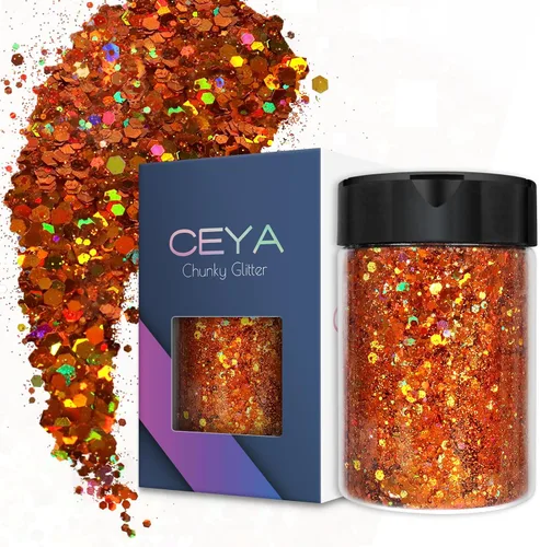 Vista 12 de Ceya Brillantina gruesa holográfica, 1 libra/16 onzas, oro diamante a granel, purpurina mixta gruesa y fina embotellada con lentejuelas metálicas