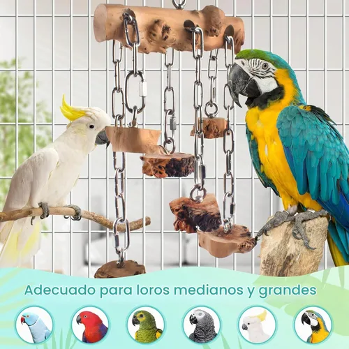Vista 7 de DBNESS Juguetes para pájaros para loros, bloques de madera dura de madera duradera con acero inoxidable para colgar, juguete masticable natural