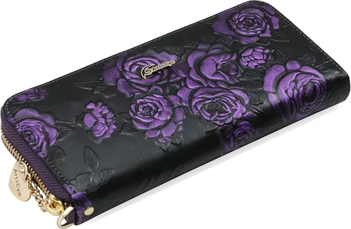 Vista 7 de ArtsEye Rose - Cartera de piel auténtica con cremallera larga