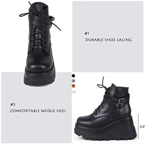 Vista 6 de CELNEPHO Botas de plataforma gruesa para mujer puntera cuadrada con cordones cremallera tacón alto botas de tobillo de cuña de combate