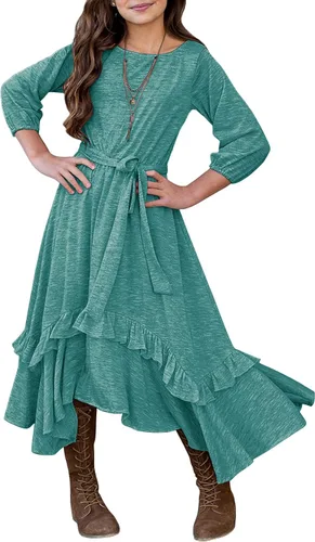 Vista 20 de MITILLY Vestido largo maxi suelto liso de manga 3/4 casual con bolsillos y volantes estilo swing con cinturón para niñas 01 Azul oscuro fultter