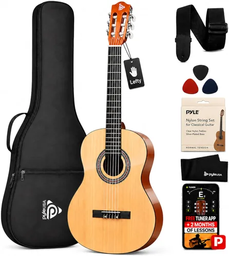 Vista 8 de Pyle Kit de guitarra acústica para principiantes, instrumento de madera de tamaño junior 3/4 con kit completo de accesorios, púas, correa