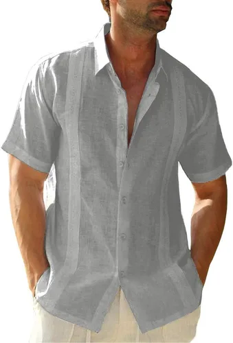 Vista 14 de Ryannology Camisas guayabera de lino de manga corta con botones para hombre, estilo casual, playa, campamento cubano, camisa mexicana para hombre