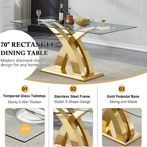 Vista 2 de Juego de mesa de comedor de vidrio de 70 pulgadas para 4, mesa rectangular de cristal dorado con 4 sillas de piel sintética, juego de mesa de Mesa
