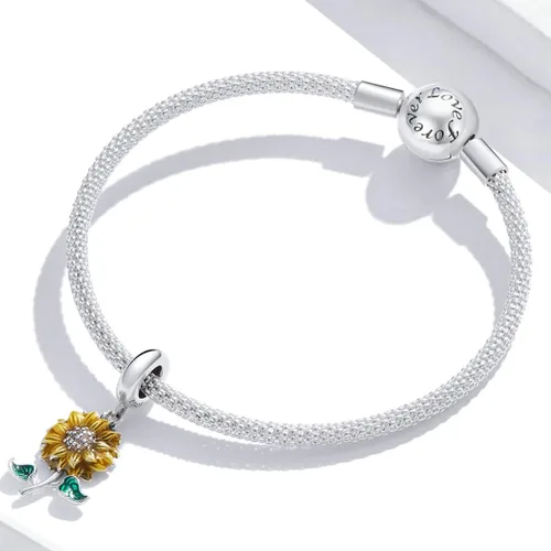 Vista 4 de Dije de girasol de plata de ley 925, dije de rosa con dije de amor, dije de cumpleaños para pulsera Pandora