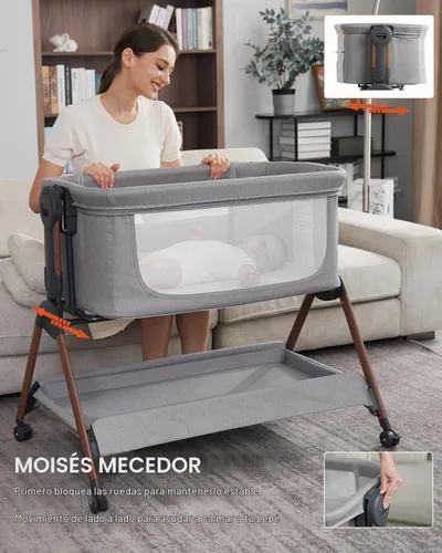 Vista 4 de Cuna para bebé - Cuna para dormir al lado de la cama, Cunas al lado de la cama 3-en-1 para bebé, Cuna con movimiento, con colchón cómodo, ruedas