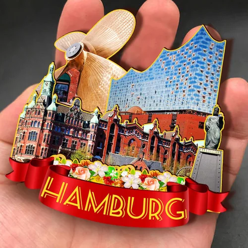 Vista 4 de Imán de madera de Hamburgo Alemania 3D para nevera, viajes, coleccionables, recuerdos, decoración, manualidades hechas a mano