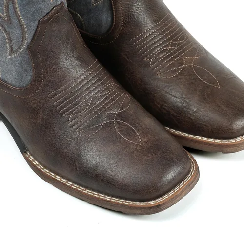 Vista 6 de Cowboy Boots for Men Square Toe Western Boots Retro Classic Embroidered Pull On Boot Azul-marrón bruñido