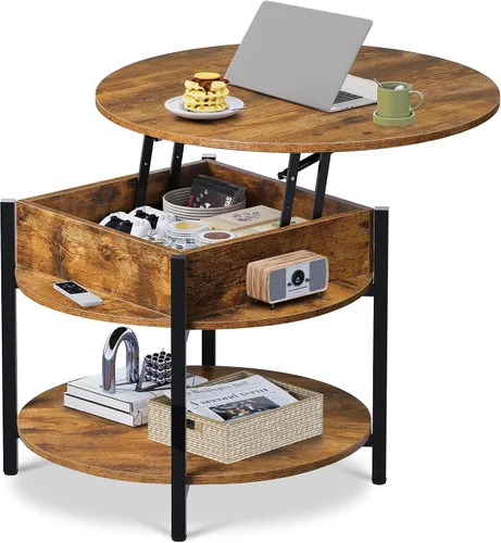 Vista 18 de WLIVE - Mesa de centro redonda, mesa de café pequeña de 32.6" con estante de almacenamiento, mesa de centro de madera de 2 niveles para sala