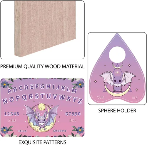 Vista 3 de CREATCABIN Tablero de péndulo de murciélago de madera, kit de adivinación de radiestesia morada, tablero de conversación de madera con flores