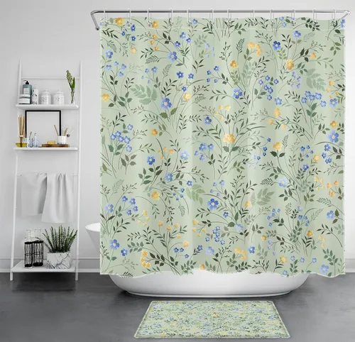 Vista 15 de LB Cortina de Ducha Decorativa de Flores Silvestres del Campo, Flores Azules y Amarillas con Planta de Hojas Verdes sobre Beige, Cortina de Ducha