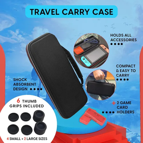 Vista 6 de TALK WORKS Super Combo Pack Accessories for Nintendo Switch - 2 Grips, 2 Wheel Controller Grips, 2 Game Card Holders, 1 Charging Dock, Thumb Grips