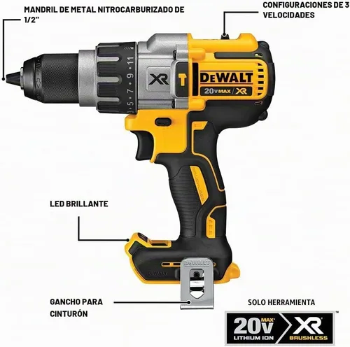 Vista 2 de DEWALT Taladro de martillo inalámbrico MAX XR de 20 V, sin escobillas, resistente de 1/2 pulgada, 3 velocidades, solo herramienta (DCD996B)