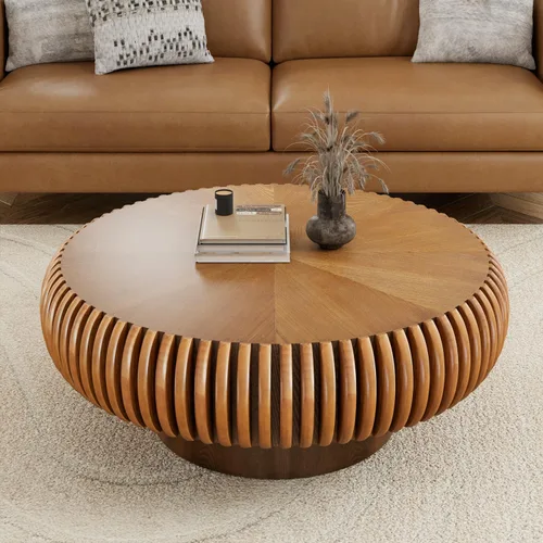 Vista 9 de Mesa de centro de tambor de 31.5 pulgadas, moderna y única, mesa de té acanalada, mesa de centro redonda de madera contemporánea con mesa central