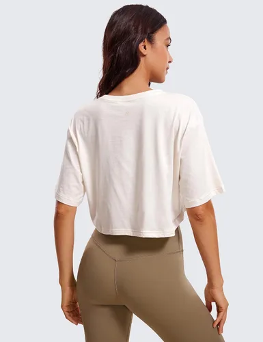 Vista 2 de CRZ YOGA - Camiseta corta para mujer, de algodón Pima, ombliguera de manga corta para entrenamiento y yoga, de estilo informal, camiseta deportiva