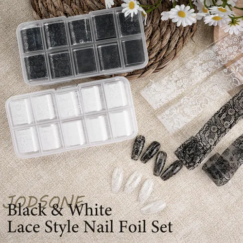 Vista 3 de JODSONE 20 rollos de láminas de encaje para uñas, hojas de transferencia de arte de uñas de encaje blanco y negro, se deben utilizar con pegamento