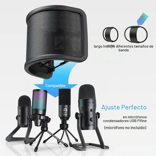 Vista 2 de FIFINE Filtro Pop para Micrófono, Protector Compacto con Malla Metálica para Estudio de Grabación, Videos de YouTube, Transmisiones, Podcast (Negro)
